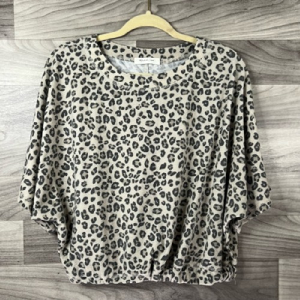 Mustard Seed Womens Blouse Beige Animal Print Leopard 3/4 Sleeve Elastic Waist S